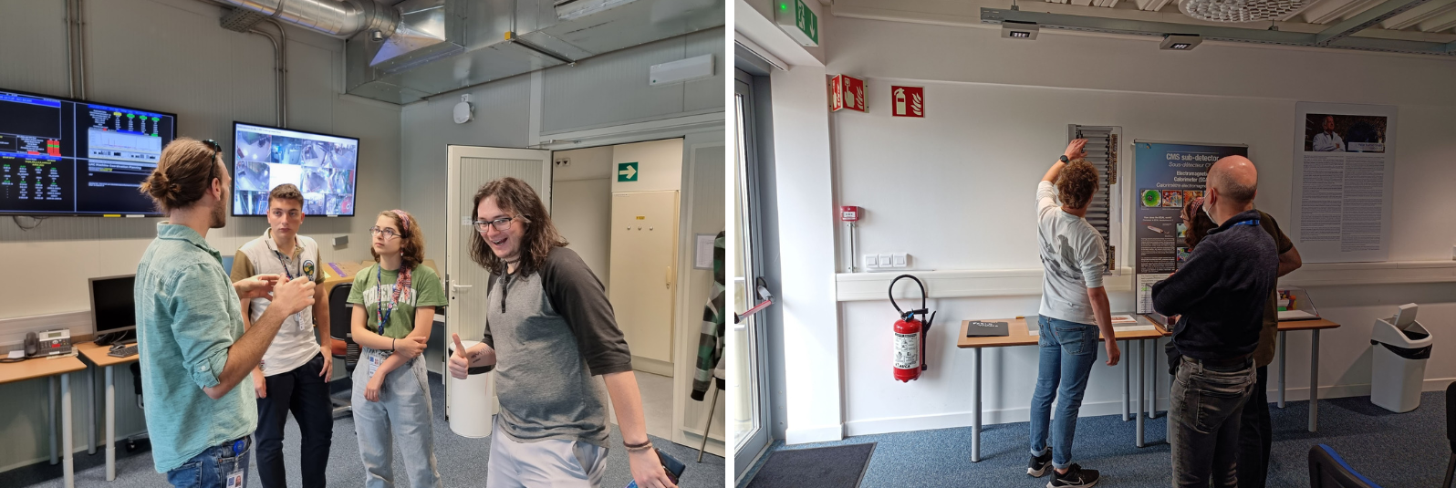 Figure 5: (Left) Brendan and Sam explain how operations are done in the CMS control room. (Right) Giovanni explains how Drift Tube chambers work and how GEMs evolved from these gaseous detectors.