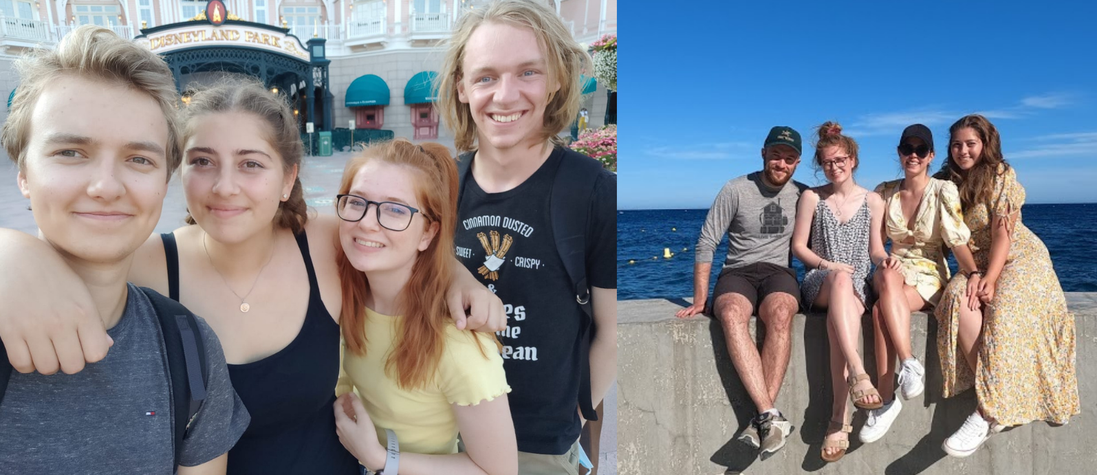 Picture 1. Left to right, Gab, Grace, Me, Max in Disneyland Paris. Picture 2. Left to right, David, Me, Ece and Grace in Monaco.
