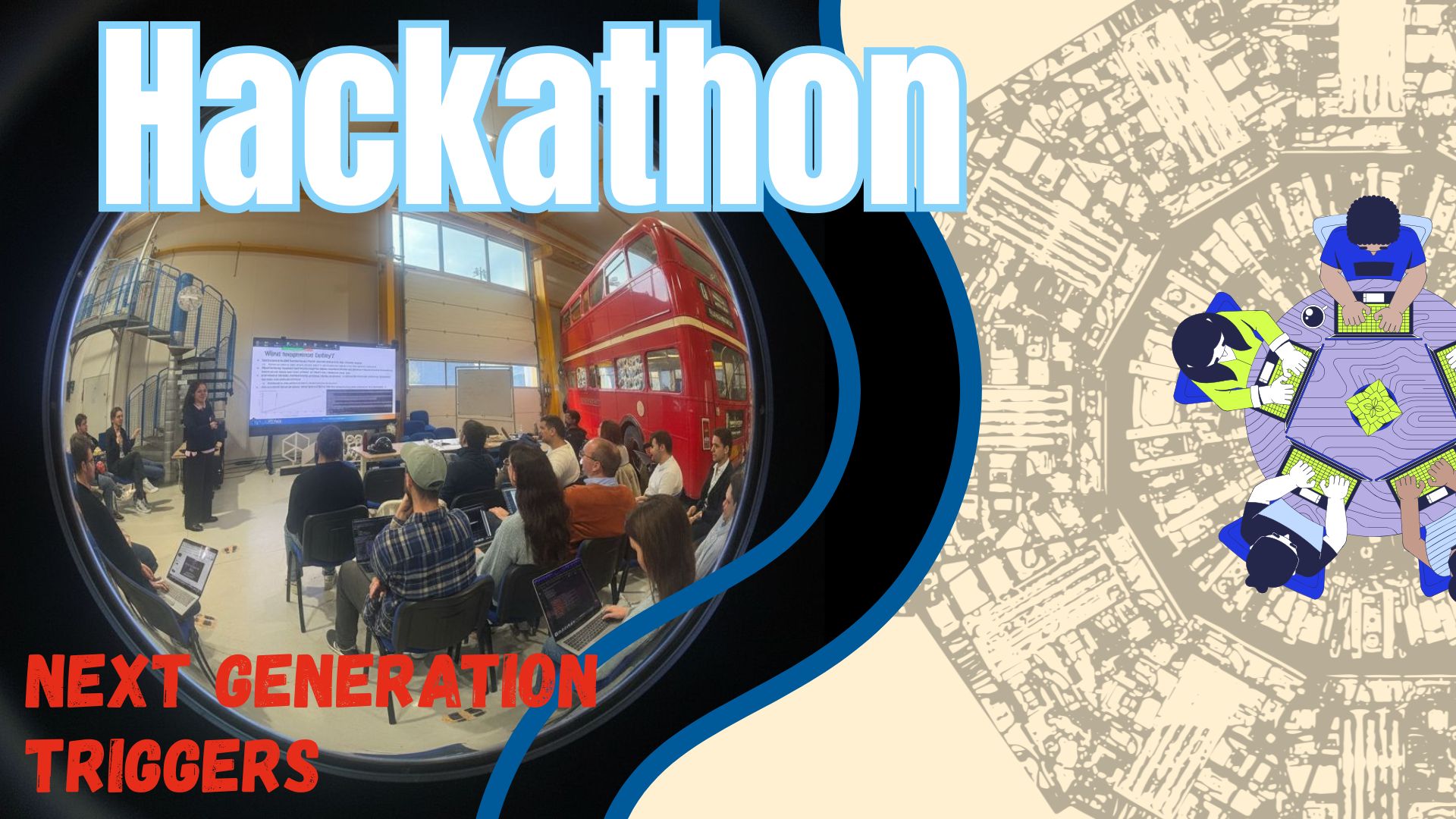 Collage made up by CMS graphics and a photo of the Hackathon presentations