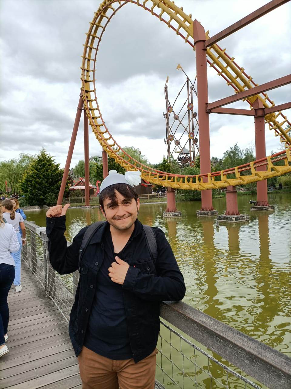 Cristian next to a human accelerator at Parc Astérix near Paris.