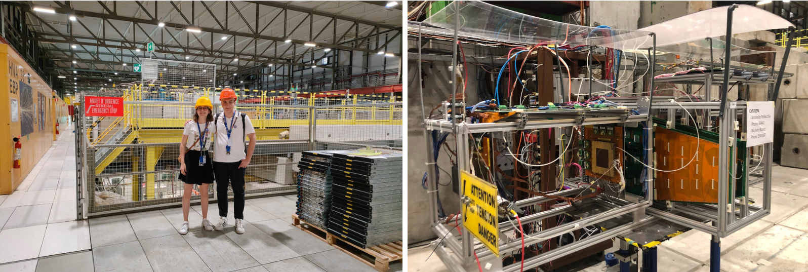 Figura 4: A sinistra, gli studenti al test beam nella North Area del sito CERN di Prevessin. A destra, l’apparato GEM con diversi tipi di camere da studiare con il fascio di test.