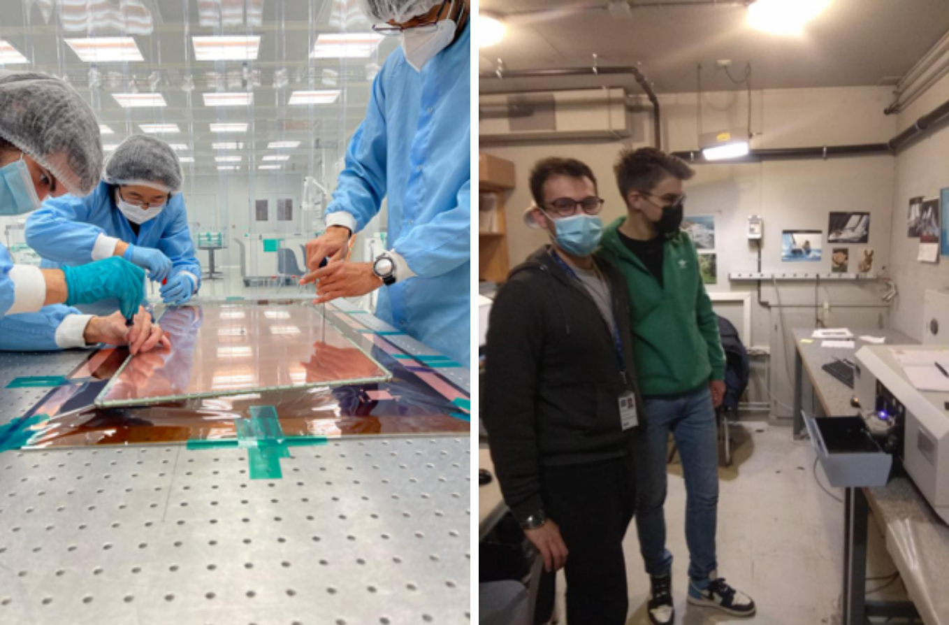 Left: With Michele Bianco’s (Italian CERN physicist) team from the GEMs – colleagues from 3 continents! left to right: Jeremie Merlin (French physicist from University of Seoul), Mi Ran Kim (South Korean physicist from Seoul National University), Luis Felipe Ramirez Garcia (Colombian physicist from Antioquia University)Right: Right: Working with a Matteo (Italian PhD student) on novel crystals as part of the CERN involvement in European projects