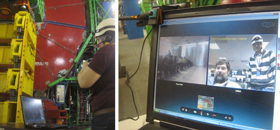 Left: Noemi talking to the first audience on 10 November 2011 while standing in front of detector Right: Audience sitting in school canteen & Zoltan(on right) who was connected through control room 