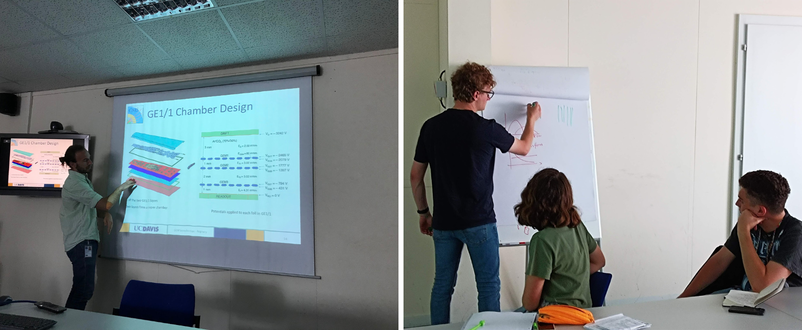 Figure 1: (Left) Brendan explains how a GEM chamber is assembled. (Right) Giovanni explains how charged particles travel through the CMS muon system.