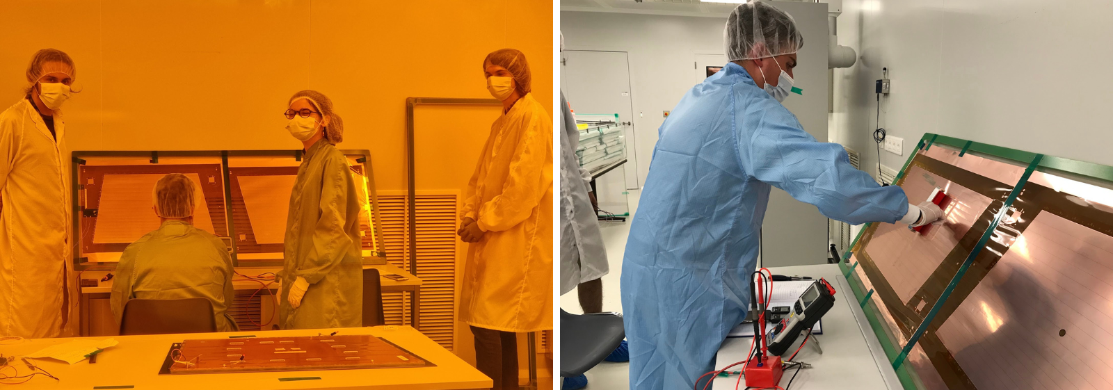 Figure 2: (Left) Manuel and Arthur supervise Giulia and Alessandro as they test the GEM foils. This picture was taken outside of the clean room and the bronze colour is due to specialised windows that block out certain frequencies of light. (Right) Alessandro cleans the GEM foils before testing.