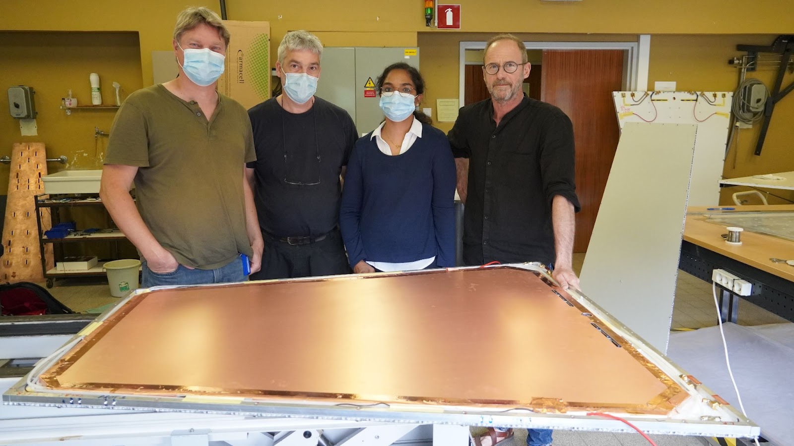 The UGent RPC team with the iRPC demonstrator chamber, with from left to right Dr. Michael Tytgat (site manager), Yves Israel (technician), Amrutha Samalan (PhD student, me :-), and Patrick Sennesael (technician).