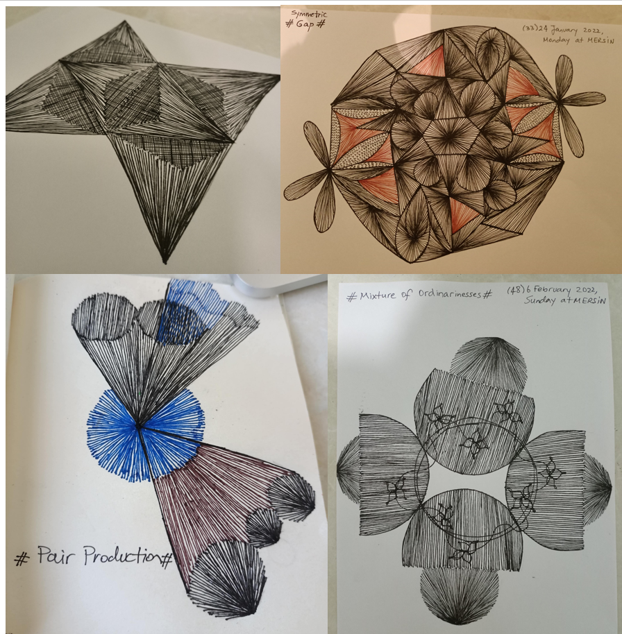 These arts from my thesis graduation term in 2021-2022 (right one during one of the long analysis meetings while I was trying to put all those physics together to understand the analysis).