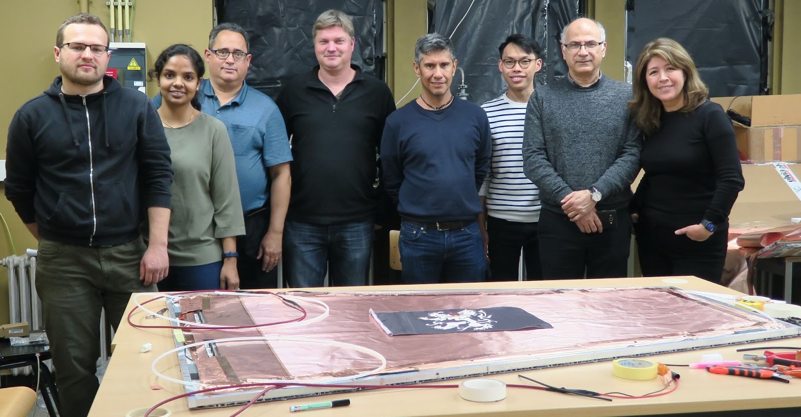 iRPC prototype chamber assembled at UGent, with from left to right Dr. Konstantin Shchablo, Amrutha Samalan (me), Dr. Salvador Carrillo (with loving memories of him), Dr. Michael Tytgat, Dr. Ricardo Lopez Fernandez, Tu Thong Tran, Dr. Imad Laktineh, Dr. Cecilia Uribe.