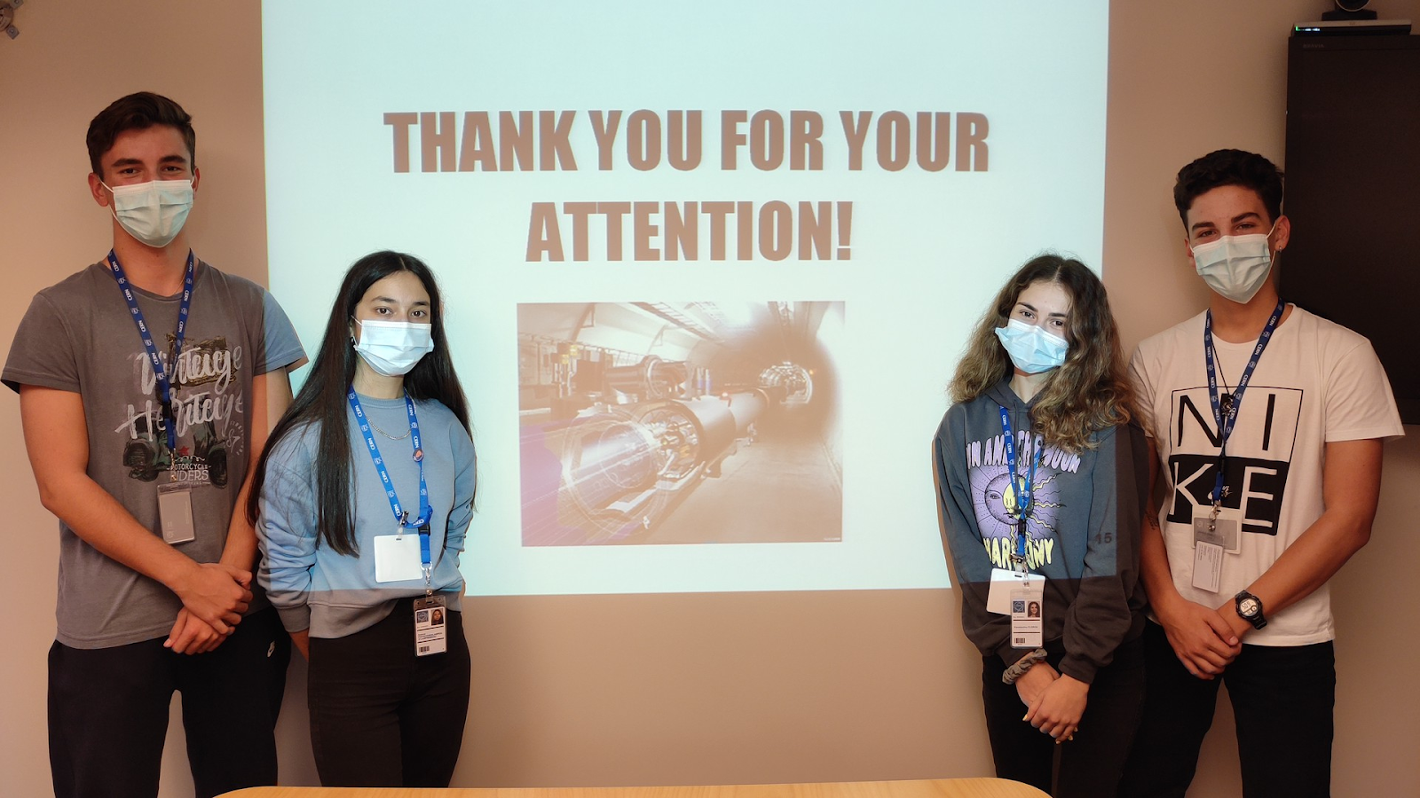 ​[Figure 4: The students selected for the “Quarks to Cosmos” project during the High-School Internship Program 2021 at CERN. From left to right: Dimitrios Chronis, Ioanna Papacharalampous,  Konstantina Florou , and Christos Schinas.]